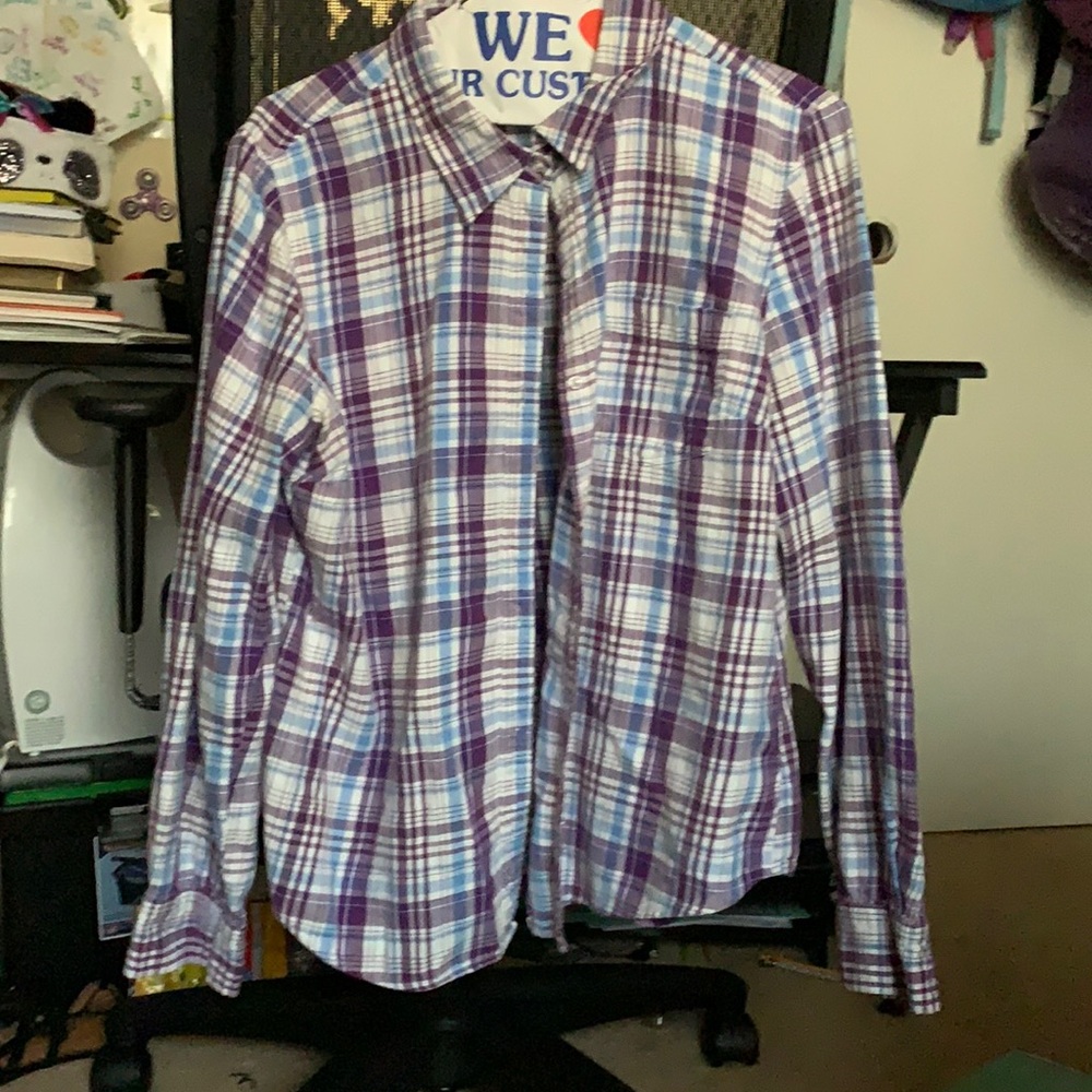 Plaid white purple and blue shirt